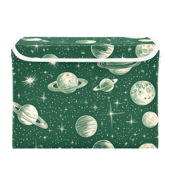 Celestial Green Planets Large Storage Bins with Linen Collapsible Lid Storage Box 16.7 x 12.6 x 11.8in