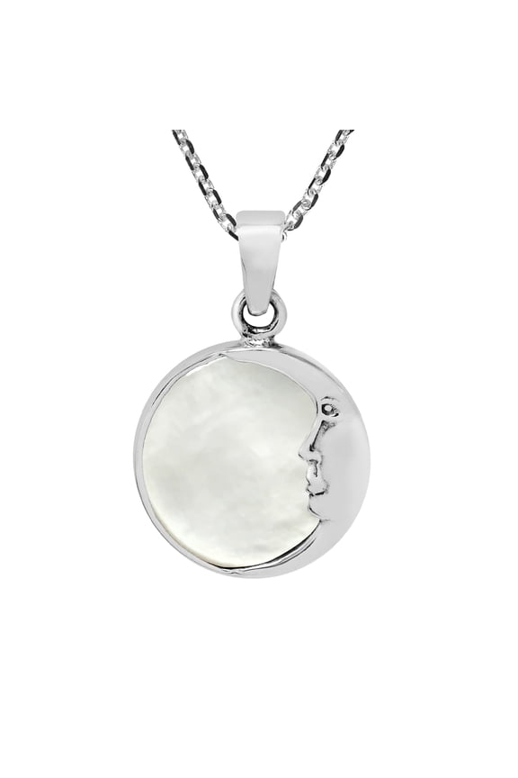 Celestial Half Moon Face White Pearl Round Sterling Silver Pendant Necklace