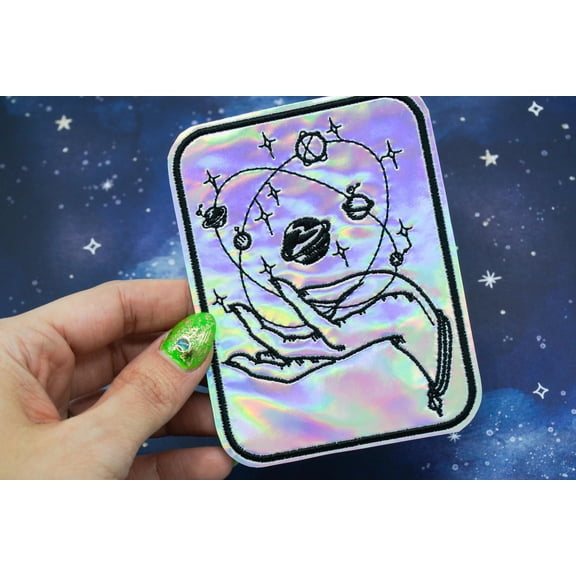 Celestial Hand Rectangle Holographic Vinyl Iron On Embroidered Patch