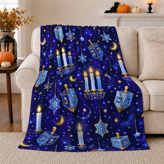 Celestial Hanukkah Celebration Glowing Menorahs, Festive Holiday Scene, Warm Flannel Blanket for Living Room and Reading Nook, Art Lovers Friendship Gift, Festive Home Decor