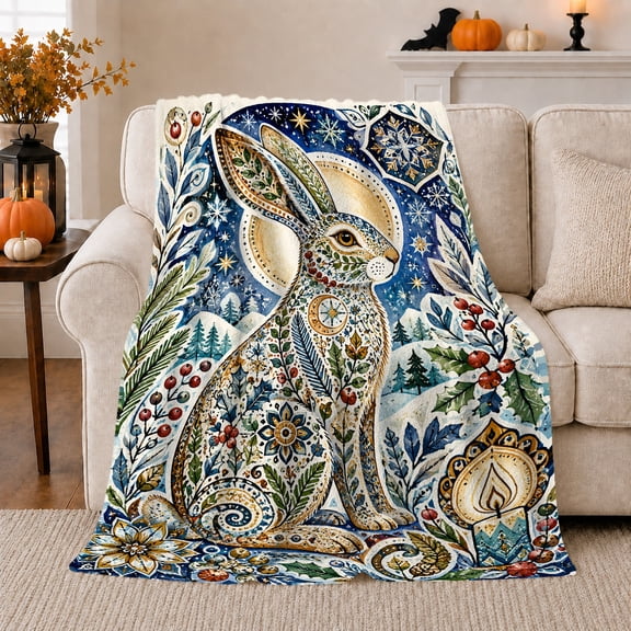 Celestial Hare with Moon Stars and Botanical Scrolls, Mystical Folk Art Motif for Bunny Lovers, Easter Gift, Cozy Flannel Blanket for Bedroom and Reading Nook, Whimsical Home Decor