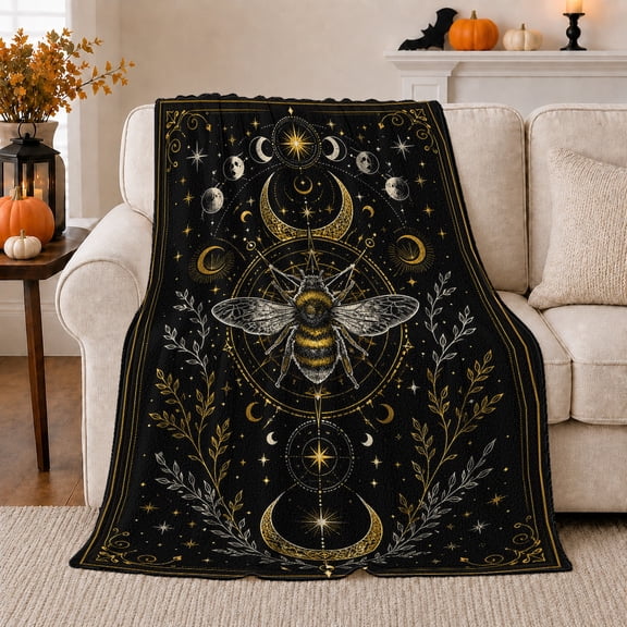 Celestial Honeybee Moon Art Black, Cozy Friendship Quote Scene, Warm Flannel Blanket for Living Room and Reading Nook, Art Lovers Friendship Gift, Artistic Home Decor
