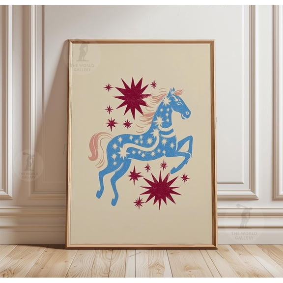 Celestial Horse Poster, Mystical Star Wall Art, Folk Animal Print, Poster Only