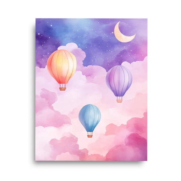 Celestial Hot Air Balloons Print, Dreamy Nursery Decor, Crescent Moon Night Sky Art, Pastel Cloudscape Poster, Baby Room Art Home Decor #3320, Unframed Poster Size 8x12
