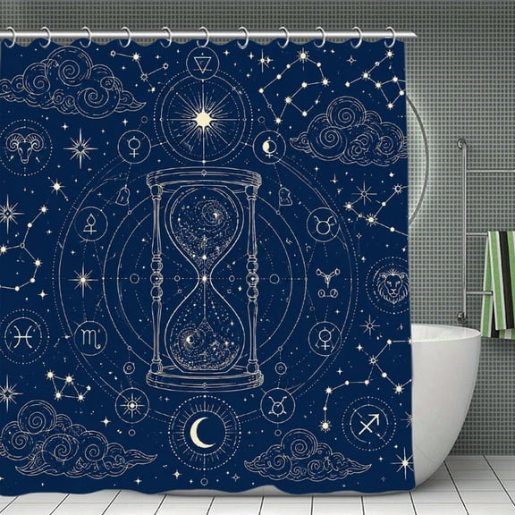 Celestial Hourglass And Zodiac Symbols Print Shower Curtain,Cloth Fabric Waterproof Polyester Bathroom Home Decor Set with Hooks 70.8×70.8Inch