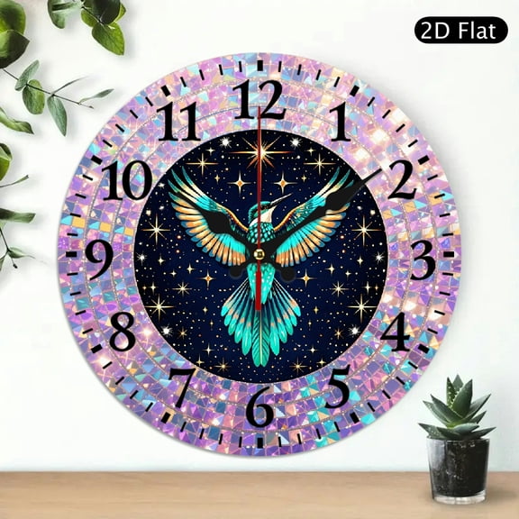 Celestial Hummingbird Wall Clock, Magical Galaxy Starry Night Design, 10x10 Inch Round Decorative Analog Clock for Home Office, Battery Not Included, 1pc