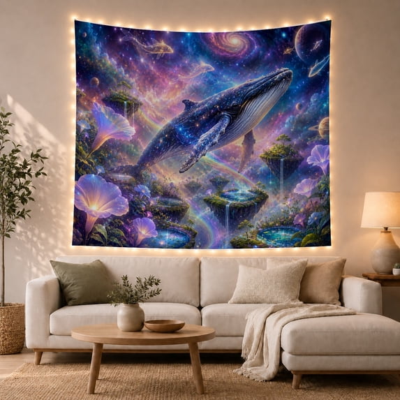Celestial Humpback Whale Swimming Through Cosmic Nebula Dreamy Surreal Art for Space Lovers, Whimsical Wall Decor Christmas Gift Tapestry Wall Hanging for Bedroom and Living Room