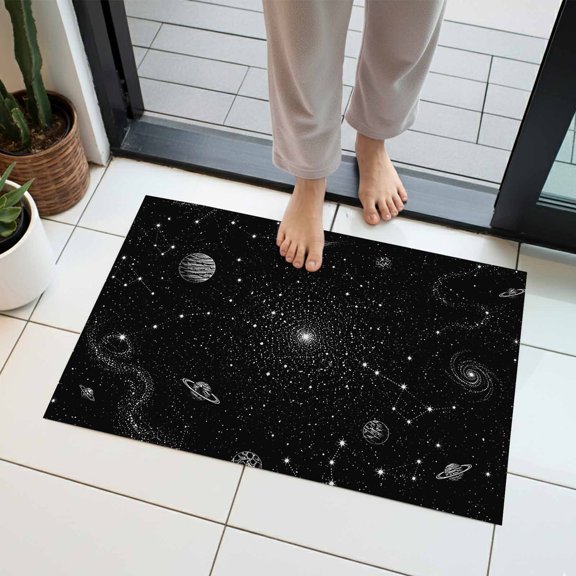 Celestial Indoor Door Mat 16x24 Inch Modern Minimalist Black White Night Sky Planet Star Front Door Mat Non Slip Washable Entryway Rug Low Profile Dirt Trapper Doormat for Bathroom Kitchen Bedroom