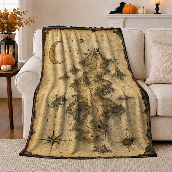 Celestial Island Map With Crescent Moon And Compass Roses, Mysterious Antique, Graduation Gift for Fantasy Map Enthusiasts, Cozy Flannel Blanket with Home Decor for Study and Bedroom