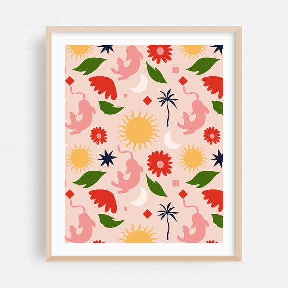 Celestial Jungle - India Illustration Pattern Floral Tropical Whimsical Summer Geometric Boho Oak Framed Wall Art Print 8 x 10 inches