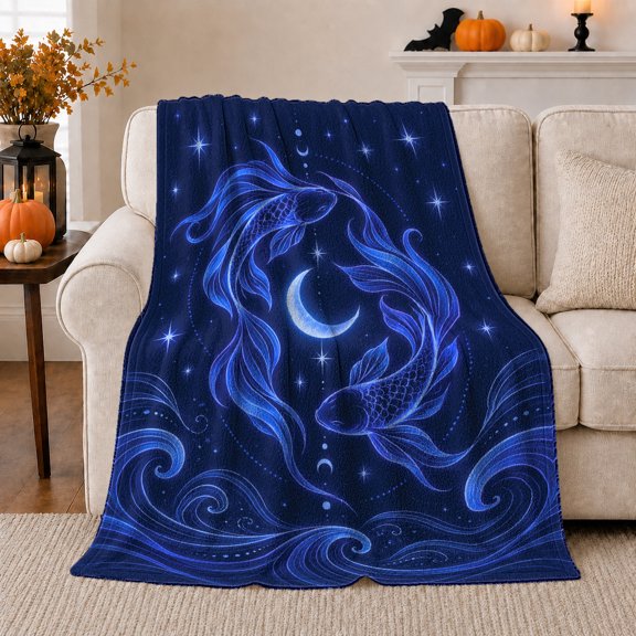 Celestial Koi Fish Moon Dream, Peaceful Celestial Art Scene, Warm Flannel Blanket for Home Library and Reading Nook, Celestial Art Lovers Housewarming Gift, Fantasy Home Decor