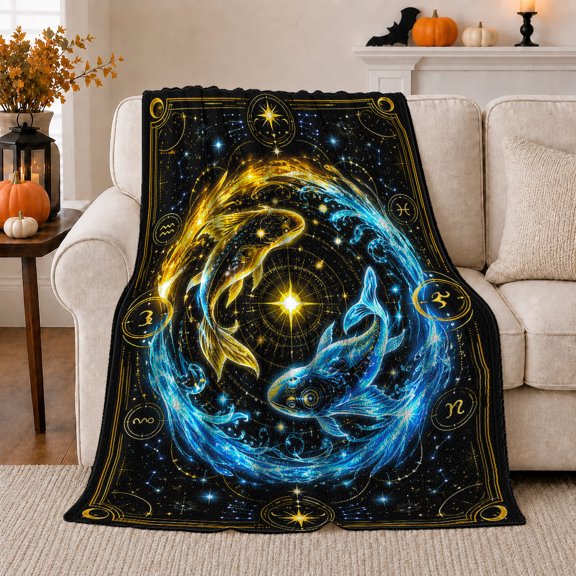 Celestial Koi Fish Swirl Cosmic Yin Yang Gold, Cozy Friendship Quote Scene, Warm Flannel Blanket for Living Room and Reading Nook, Art Lovers Friendship Gift, Fantasy Home Decor