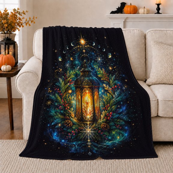 Celestial Lantern Pine Branch Galaxy, Festive Holiday Scene, Warm Flannel Blanket for Living Room and Family Room, Art Lovers Housewarming Gift, Festive Home Decor