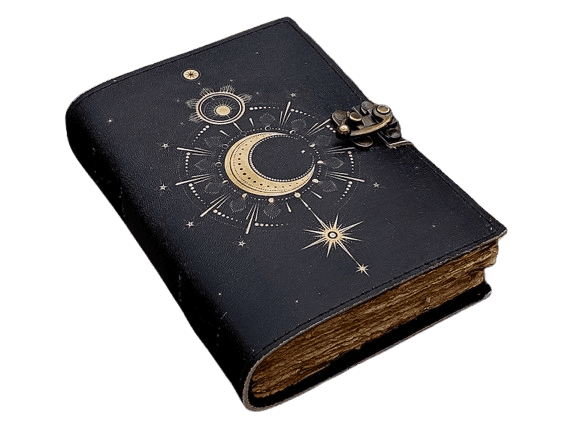 Celestial Leather Journal with Crescent Moon Design, 5x7 Inch Handmade Notebook, 200 Vintage Handmade Paper Pages, Antique Locking Diary for Writing & Sketching