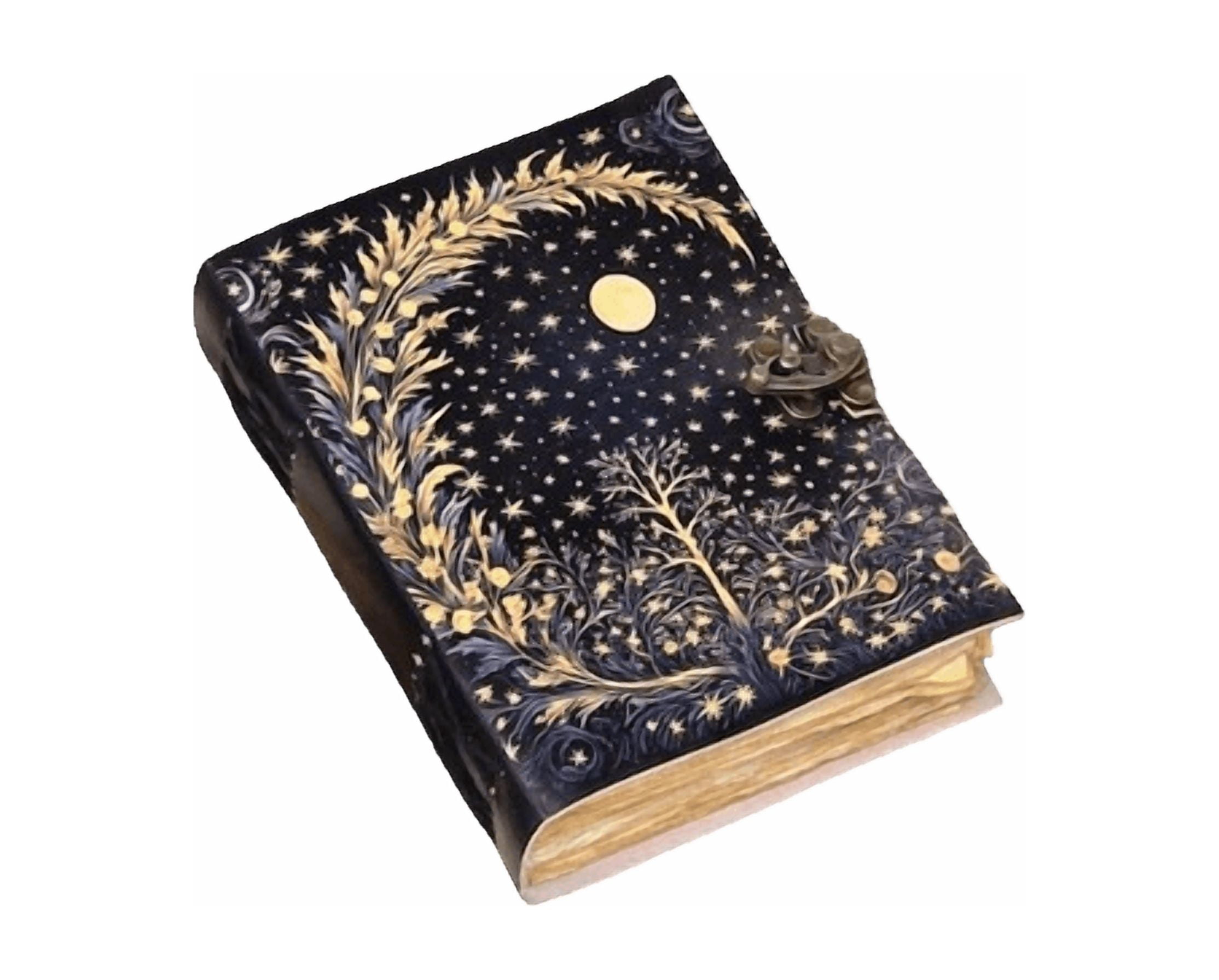 Celestial Leather Journal with Moon & Stars Design, 5x7 Inch Handmade Notebook, 200 Vintage Handmade Paper Pages, Antique Locking Diary for Writing & Sketching