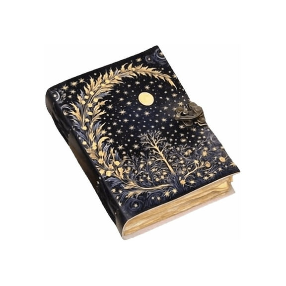 Celestial Leather Journal with Moon & Stars Design, 5x7 Inch Handmade Notebook, 200 Vintage Handmade Paper Pages, Antique Locking Diary for Writing & Sketching
