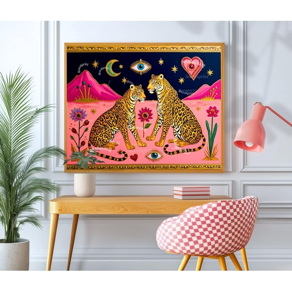 Celestial Leo.Pard Art Print Pink And Gold Maximalist Wall Decor