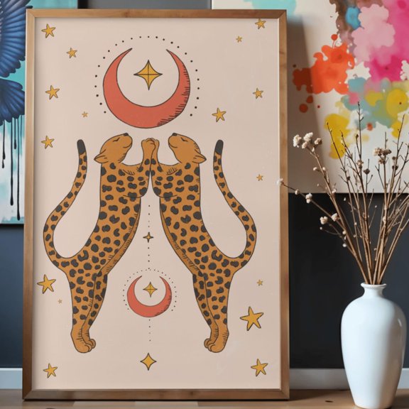 Celestial Leopard Twins Poster | Moon & Stars Wall Art, Unframed Canvas 8x10in