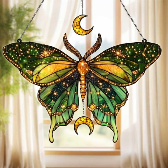 Celestial Luna Moth Acrylic Suncatcher, Faux Stained Glass Green Moon Moth Window Decor Ornament, Witchy Boho Home Decor Gift For Mom