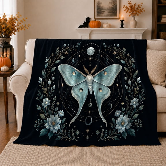 Celestial Luna Moth, Peaceful Celestial Art Scene, Warm Flannel Blanket for Sunroom and Reading Nook, Celestial Art Lovers Housewarming Gift, Celestial Home Decor