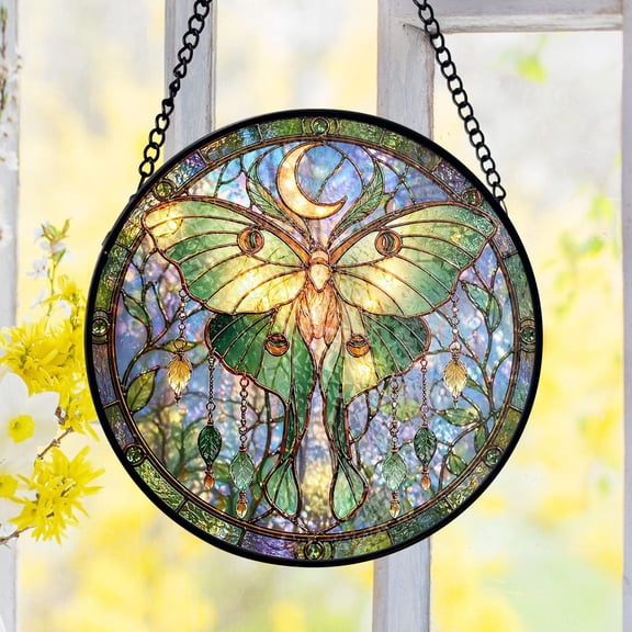 Celestial Luna Moth Stained Glass Suncatcher, Moon Garden Window Decor, Witchy Nature Art Gift For Birthday, Boho Moth Lover Gift