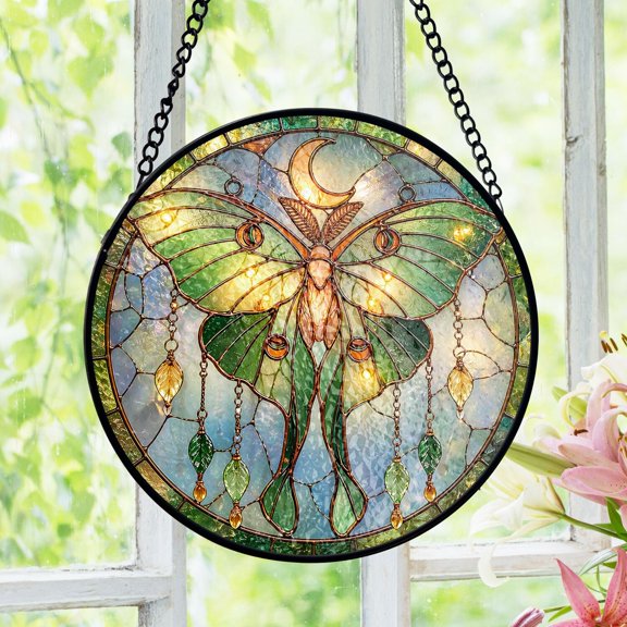 Celestial Luna Moth Stained Glass Suncatcher, Moon Phase Window Hanging, Boho Witchy Decor Gift For Birthday, Nature Lover Present
