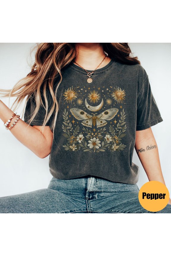 Celestial Lunar Moth Moon Phase Goblincore Cottagecore Nature Graphic Vintage Aesthetic Comfort Colors Unisex Cotton T-Shirt, Size S-3XL