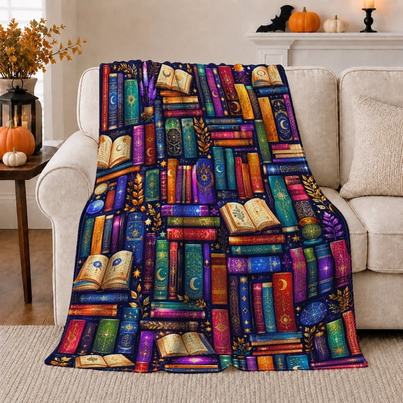 Celestial Magic Books Pattern in Enchanting Whimsical Style for Book Lovers, Golden Moon Mystic Eye Scene, Cozy Flannel Blanket for Reading Nook and Bedroom, Birthday Gift, Library Home Decor