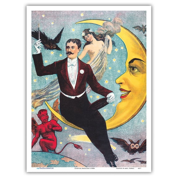 Celestial Magician - Black and Modern Magic - Vintage Magic Poster c.1800s - Master Art Print (Unframed) 9in x 12in