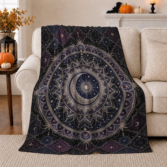 Celestial Mandala Crescent Moon Deep, Mystical Celestial Art Scene, Warm Flannel Blanket for Home Library and Reading Nook, Celestial Art Lovers Housewarming Gift, Fantasy Home Decor