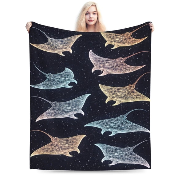 Celestial Manta Rays Blanket Cosmic Ocean Galaxy Throw, Nautical Sea Life Fleece Blanket for Summer Beach 50x40