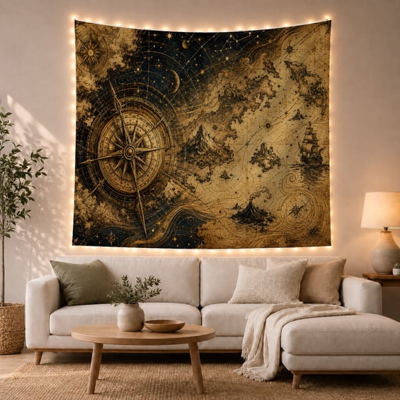 Celestial Map with Compass Rings and Ship, Mystical Fantasy Illustration, Housewarming Gift for Travel Lovers, Navigation Wall Art, Tapestry Wall Hanging for Office and Dorm