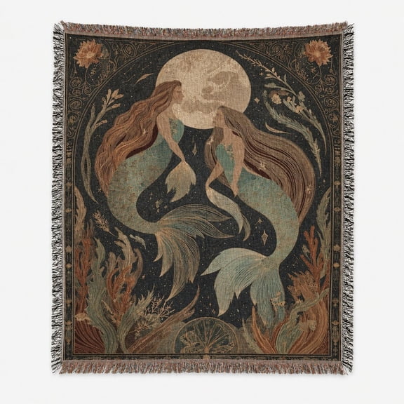Celestial Mermaid Botanical Dark Teal Woven Blanket 100% cotton Vintage Bohemian Home Decor Bedroom or Living Room