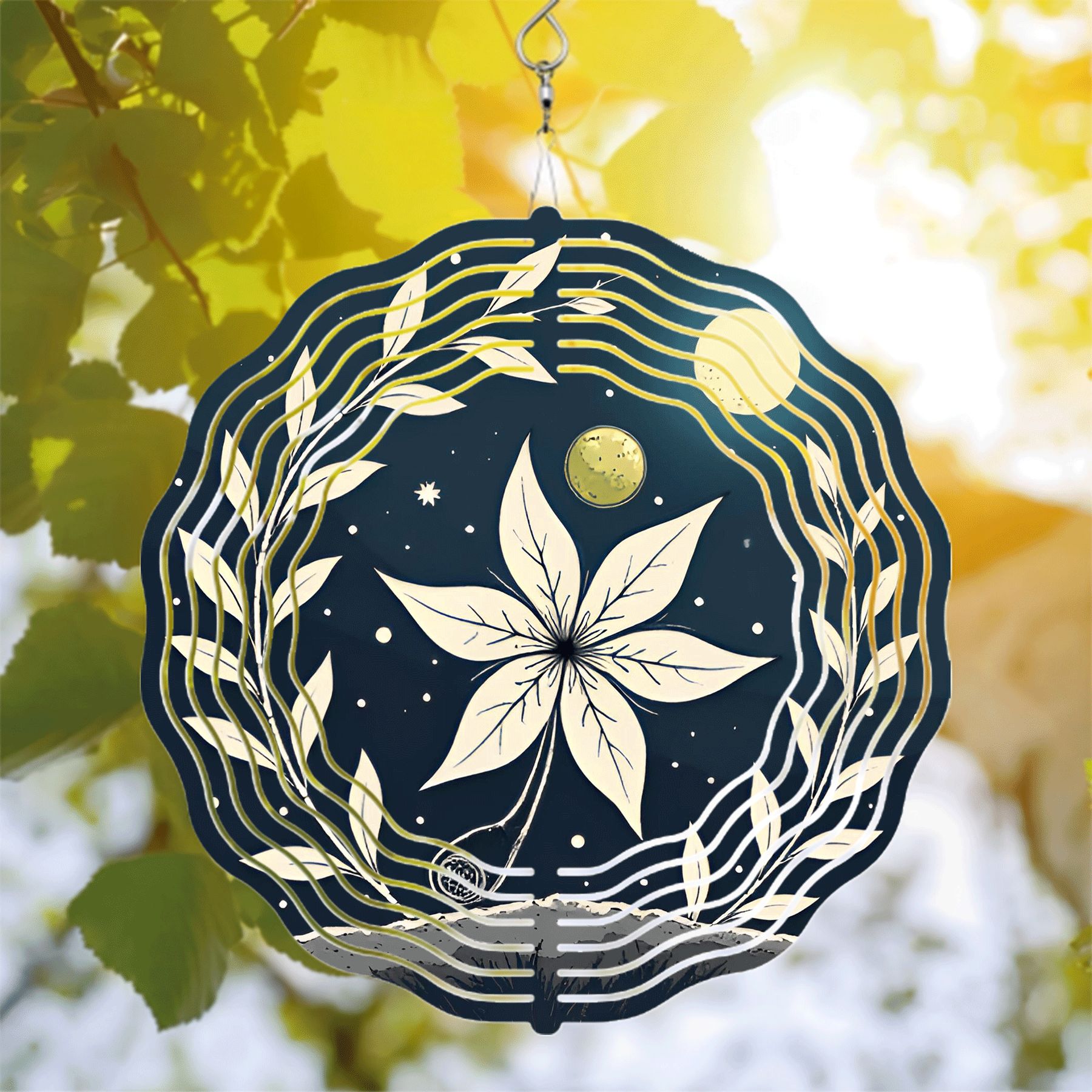 Celestial Metal Hanging Wind Spinner - White Flower Center with Leaf ...