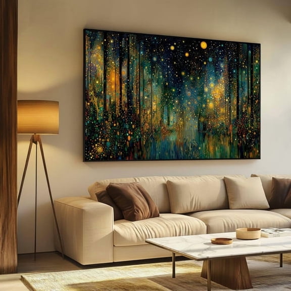 Celestial Midnight Forest Glow Canvas Wall Art Wide Abstract Landscape 12x18 UNFRAMED