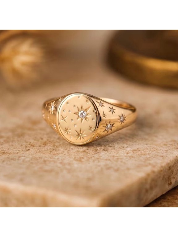 Celestial Moissanite Signet Ring in Yellow Gold Plated 925 Sterling Silver Star & Moon Dome Band, Personalized Galaxy Ring, Custom Boho Jewelry Gift For Her