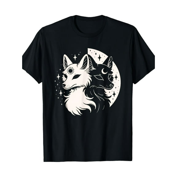 [Celestial Moon Alt T-Shirt] 100% Cotton Celestial Moon Alt T-Shirt - Fox Foxes Night Moon Day Sun Stars Spirit Design - 220g