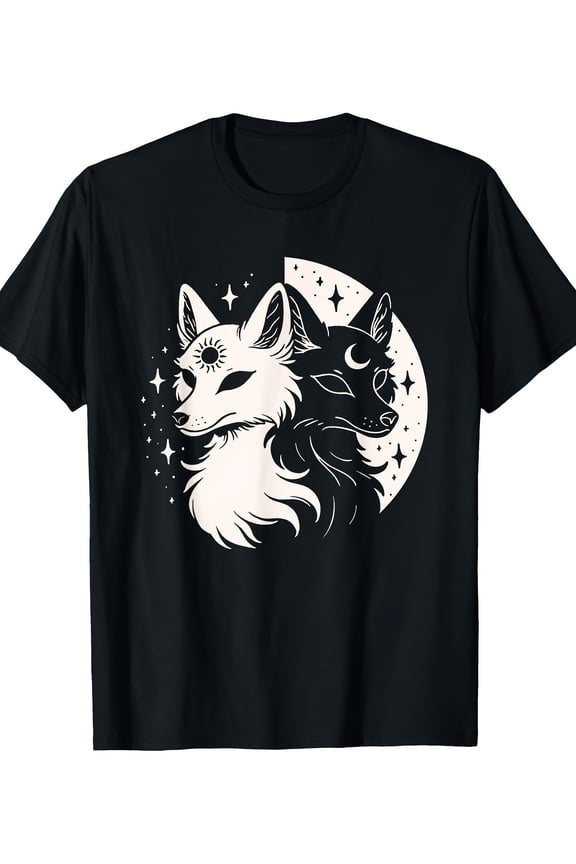 [Celestial Moon Alt T-Shirt] 100% Cotton Celestial Moon Alt T-Shirt - Fox Foxes Night Moon Day Sun Stars Spirit Design - 220g