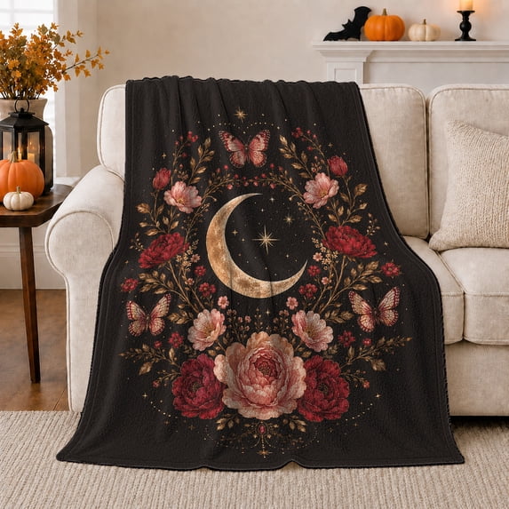 Celestial Moon Butterfly Floral, Peaceful Celestial Art Scene, Warm Flannel Blanket for Sunroom and Reading Nook, Garden Lovers Valentine's Day Gift, Fantasy Home Decor