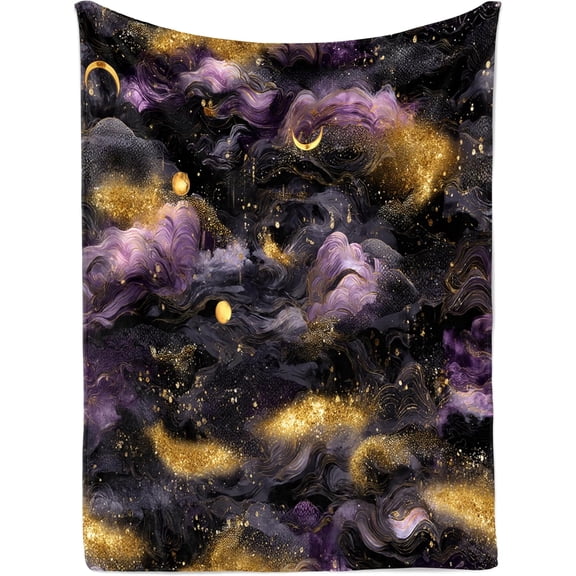 Celestial Moon Cloud Tapestry, Purple Black Gold Abstract Night Sky with Crescent Moons, Boho Galaxy Aesthetic Wall Hanging for Bedroom Dorm 30x40inch