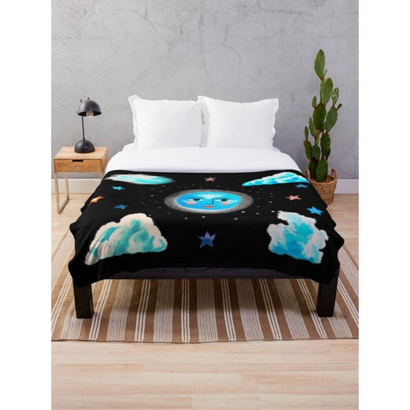 Celestial Moon Face, Clouds and Stars Black Polyester Fleece Blanket, 280 GSM