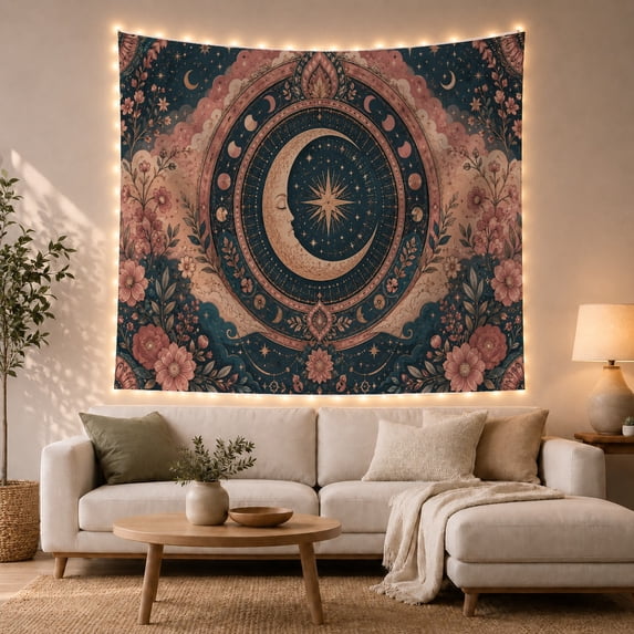Celestial Moon and Floral Medallion Against Deep Teal Night Sky, Mystical Boho for Yoga Lovers, Celestial Wall Art, Christmas Gift Tapestry Wall Hanging for Bedroom and Dorm