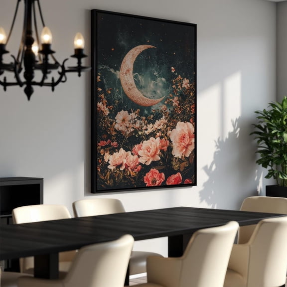 Celestial Moon Floral Wall Art Print, Mystical Decor, Romantic Artwork Unframed Paper Print
