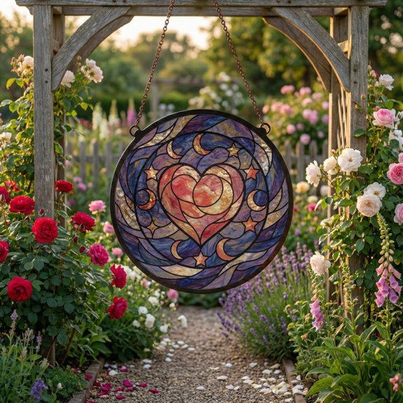 Celestial Moon Heart Glass Suncatcher, Romantic Indoor Decor, 7.9 in