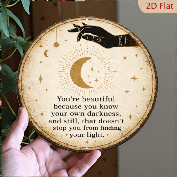 Celestial Moon Metal Wall Art, Round Inspirational Quote Aluminum Wall Decor, 8x8 Inch Boho Spiritual Home Decoration