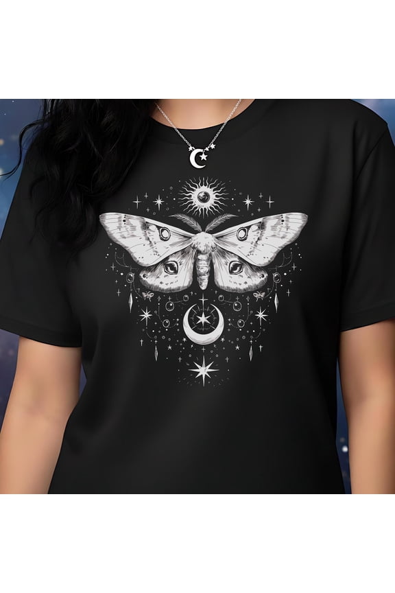 Celestial Moon Moth T-Shirt, Alternative Clothing, Witchy and Gothic Graphic Tee, Plus Sizes