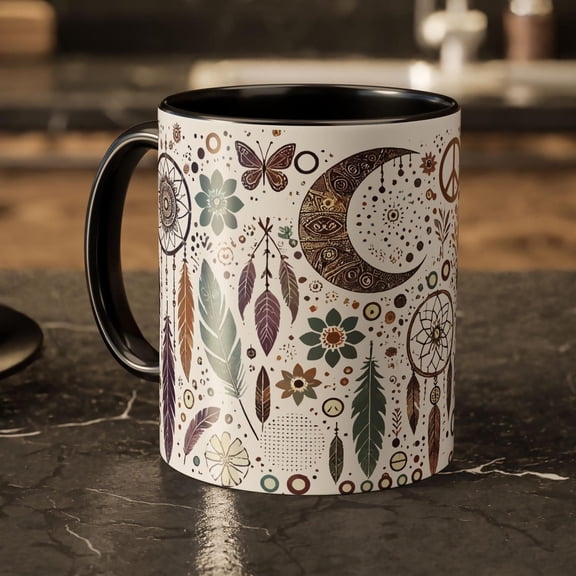 Celestial Moon Mug  Boho Coffee Cup with Feathers and Stars Design