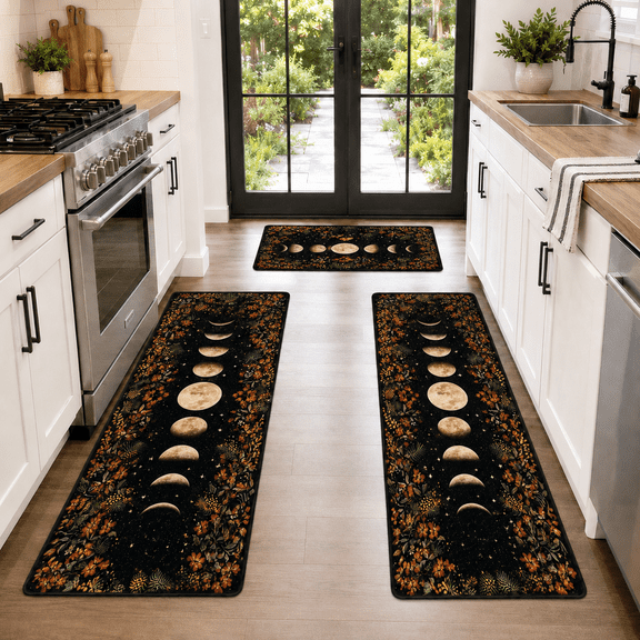 Celestial Moon Phase Dark Astrology Runner Rug Set 1 Piece Non Slip Comfort Floor Mats Gothic Autumn Floral Washable Carpet 16" x 24"