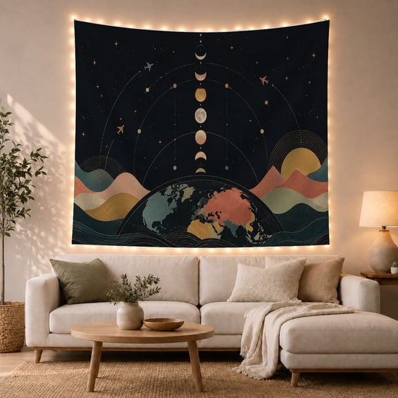 Celestial Moon Phase and Globe Scene, Dreamy Boho for Space Enthusiasts, Cosmic Astronomical Wall Art, Birthday Gift Tapestry Wall Hanging for Bedroom and Dorm