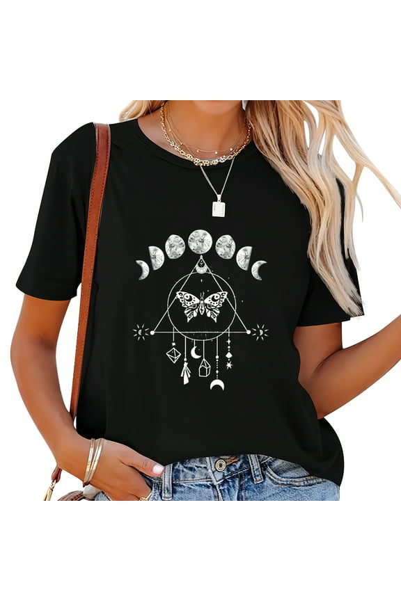 Celestial Moon Phase Moth Crystals Stars Vintage D Cute Tops for Women - Short Sleeve T-Shirts with Bold Prints
